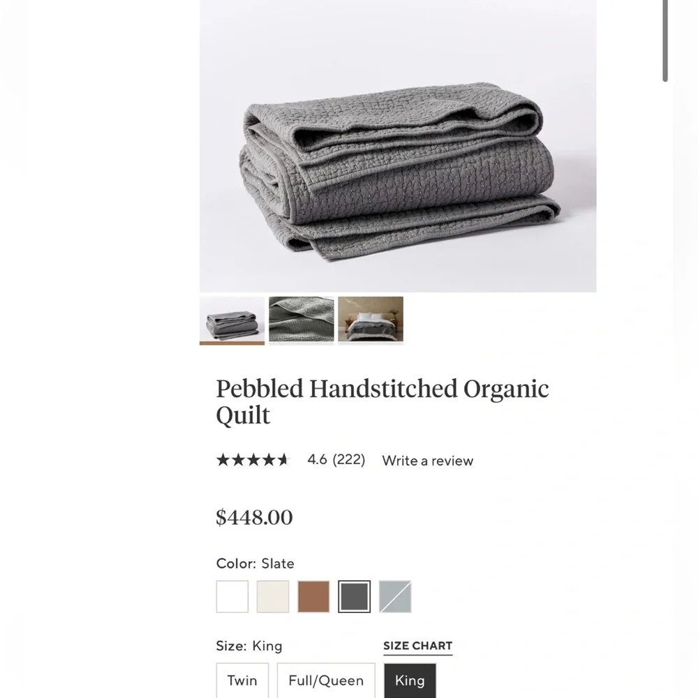 COYUCHI Pebbled Handstitched Organic Quilt $448 Sz  KING , NEW  Color: Slate